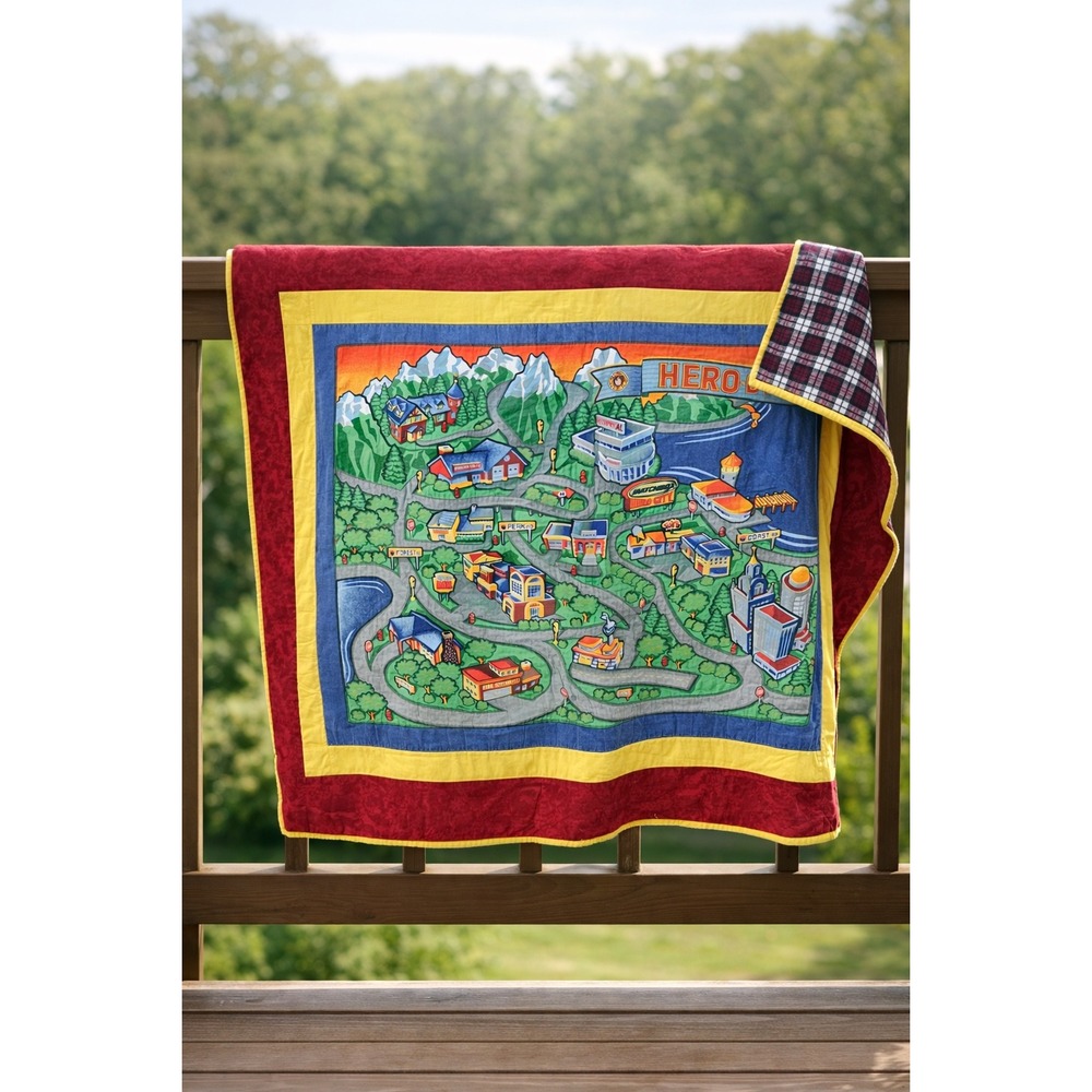 Hero City 42x60 Kids Quilted Throw Blanket Road Map‎ Play Mat Plaid Reverse